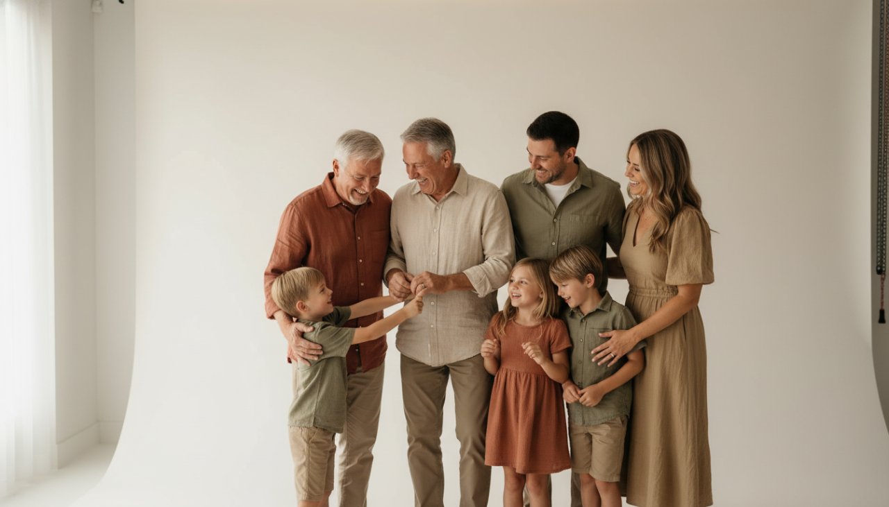 A heartwarming, cinematic image of a multigenerational family laughing together in a brightly lit, modern studio, capturing an authentic, joyous 'epic moment' during their professional studio family portraits Somerville session. The grandmother embraces a grandchild, while parents smile warmly, all bathed in soft, natural-looking light.