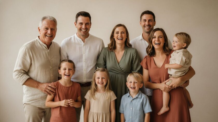 A heartwarming, epic moment captured in professional studio photography Hastings Victoria: a multi-generational Australian family laughing joyfully, bathed in soft, ethereal natural light, embracing each other warmly against a minimalist, textured backdrop, showcasing genuine connection and timeless elegance.