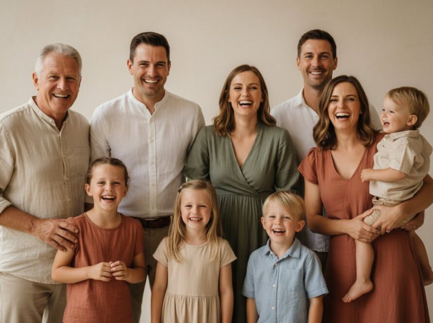 A heartwarming, epic moment captured in professional studio photography Hastings Victoria: a multi-generational Australian family laughing joyfully, bathed in soft, ethereal natural light, embracing each other warmly against a minimalist, textured backdrop, showcasing genuine connection and timeless elegance.