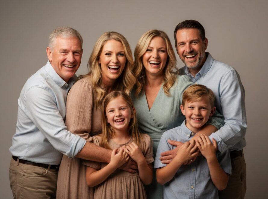 An emotional, cinematic portrait showcasing professional studio photography Wandin North families enjoying a tender moment, with soft, directional lighting highlighting their joyous expressions against a minimalist backdrop.
