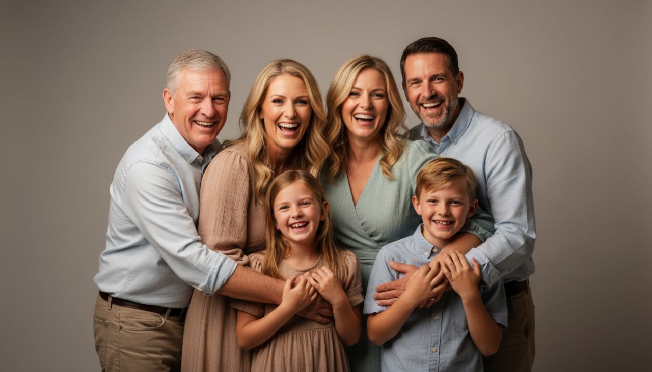 An emotional, cinematic portrait showcasing professional studio photography Wandin North families enjoying a tender moment, with soft, directional lighting highlighting their joyous expressions against a minimalist backdrop.