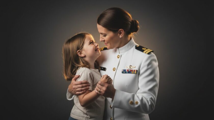 Dramatic studio portrait of a proud HMAS Cerberus naval family, a parent in uniform embracing their child, with soft, professional lighting creating an epic moment. This photograph encapsulates professional studio portraits HMAS Cerberus naval families, reflecting love and dedication.
