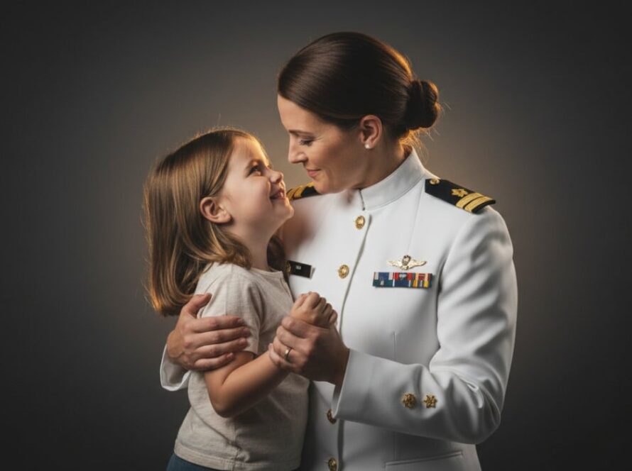 Dramatic studio portrait of a proud HMAS Cerberus naval family, a parent in uniform embracing their child, with soft, professional lighting creating an epic moment. This photograph encapsulates professional studio portraits HMAS Cerberus naval families, reflecting love and dedication.