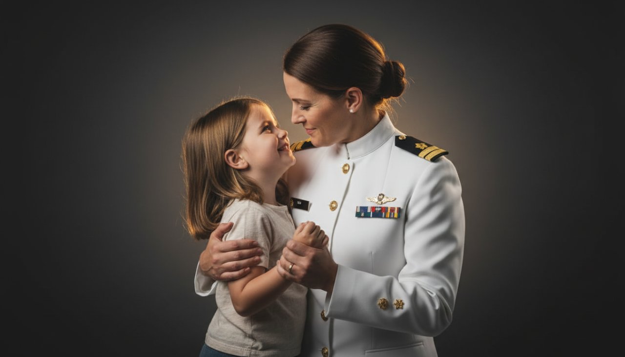 Dramatic studio portrait of a proud HMAS Cerberus naval family, a parent in uniform embracing their child, with soft, professional lighting creating an epic moment. This photograph encapsulates professional studio portraits HMAS Cerberus naval families, reflecting love and dedication.