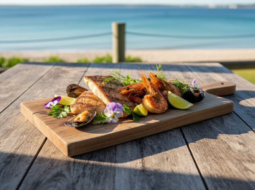 An exquisite overhead shot of a beautifully plated, fresh seafood dish with vibrant garnishes, captured with professional Tootgarook food photography, set against a rustic wooden table overlooking the serene Tootgarook foreshore, capturing Mornington Peninsula flavours in a golden hour glow, showcasing a true epic moment of culinary delight.