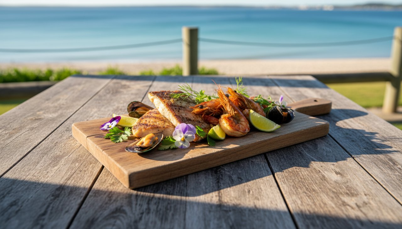An exquisite overhead shot of a beautifully plated, fresh seafood dish with vibrant garnishes, captured with professional Tootgarook food photography, set against a rustic wooden table overlooking the serene Tootgarook foreshore, capturing Mornington Peninsula flavours in a golden hour glow, showcasing a true epic moment of culinary delight.