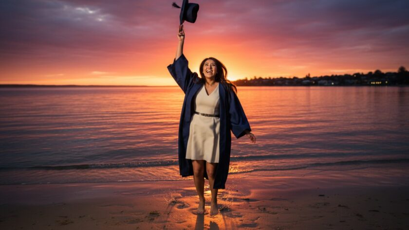 A vibrant professional Tootgarook graduation photography beach portrait, showcasing a proud graduate in their cap and gown, joyfully throwing their mortarboard into the air against a stunning sunset over the calm waters of Port Phillip Bay in Tootgarook, Victoria. The graduate is silhouetted slightly, capturing an epic moment of achievement and freedom.