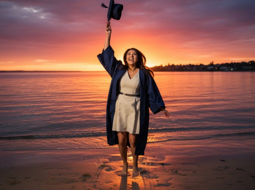 A vibrant professional Tootgarook graduation photography beach portrait, showcasing a proud graduate in their cap and gown, joyfully throwing their mortarboard into the air against a stunning sunset over the calm waters of Port Phillip Bay in Tootgarook, Victoria. The graduate is silhouetted slightly, capturing an epic moment of achievement and freedom.