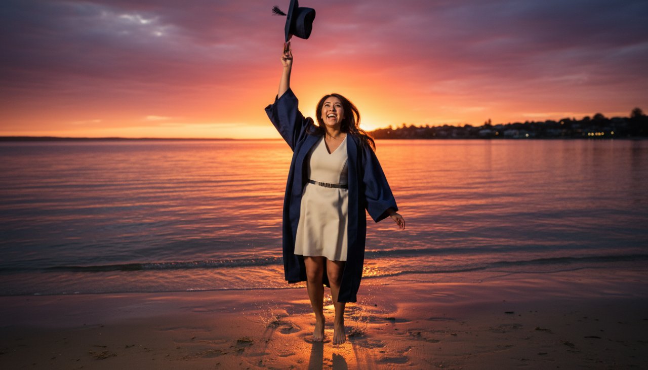 A vibrant professional Tootgarook graduation photography beach portrait, showcasing a proud graduate in their cap and gown, joyfully throwing their mortarboard into the air against a stunning sunset over the calm waters of Port Phillip Bay in Tootgarook, Victoria. The graduate is silhouetted slightly, capturing an epic moment of achievement and freedom.
