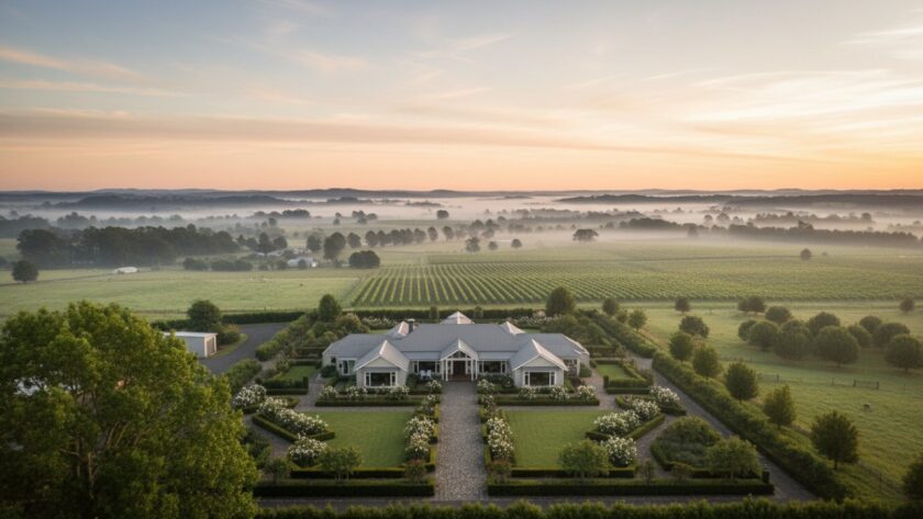 An epic aerial photograph capturing a majestic Wandin East rural property at sunrise, showcasing the expansive landscape and charming farmhouse, embodying professional Wandin East rural property photography.