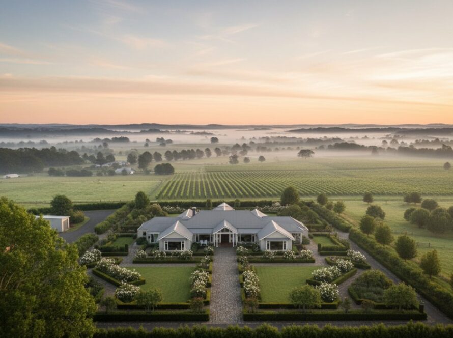 An epic aerial photograph capturing a majestic Wandin East rural property at sunrise, showcasing the expansive landscape and charming farmhouse, embodying professional Wandin East rural property photography.