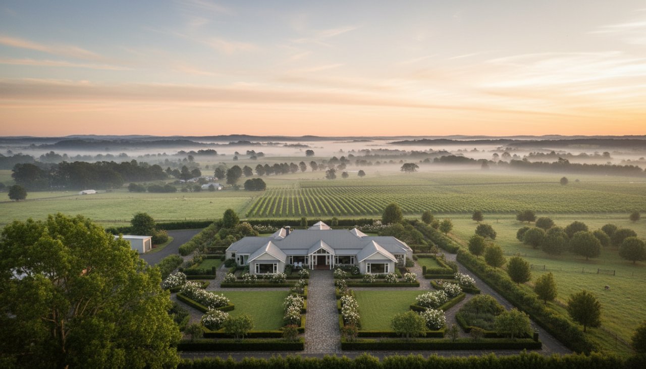 An epic aerial photograph capturing a majestic Wandin East rural property at sunrise, showcasing the expansive landscape and charming farmhouse, embodying professional Wandin East rural property photography.
