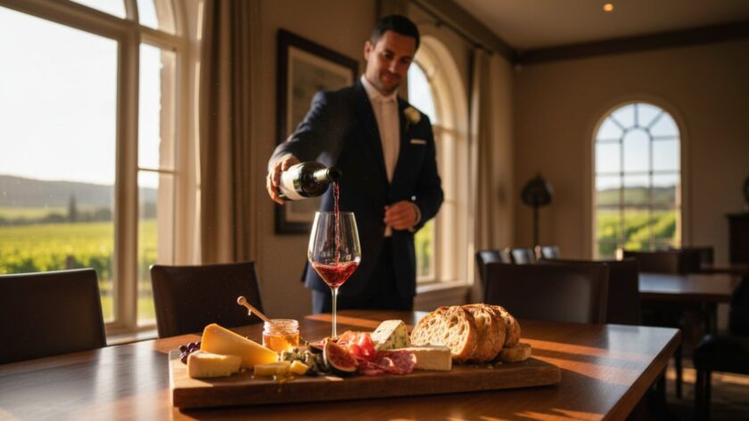 A master sommelier, bathed in golden hour light filtering through tall vineyard windows at a Yering Valley winery, expertly pours a deep ruby red wine into a crystal glass. In the foreground, a beautifully composed platter of artisanal cheeses and locally sourced charcuterie, perfectly lit, awaits, epitomising professional Yering Valley food photography for wineries with an epicurean flourish.