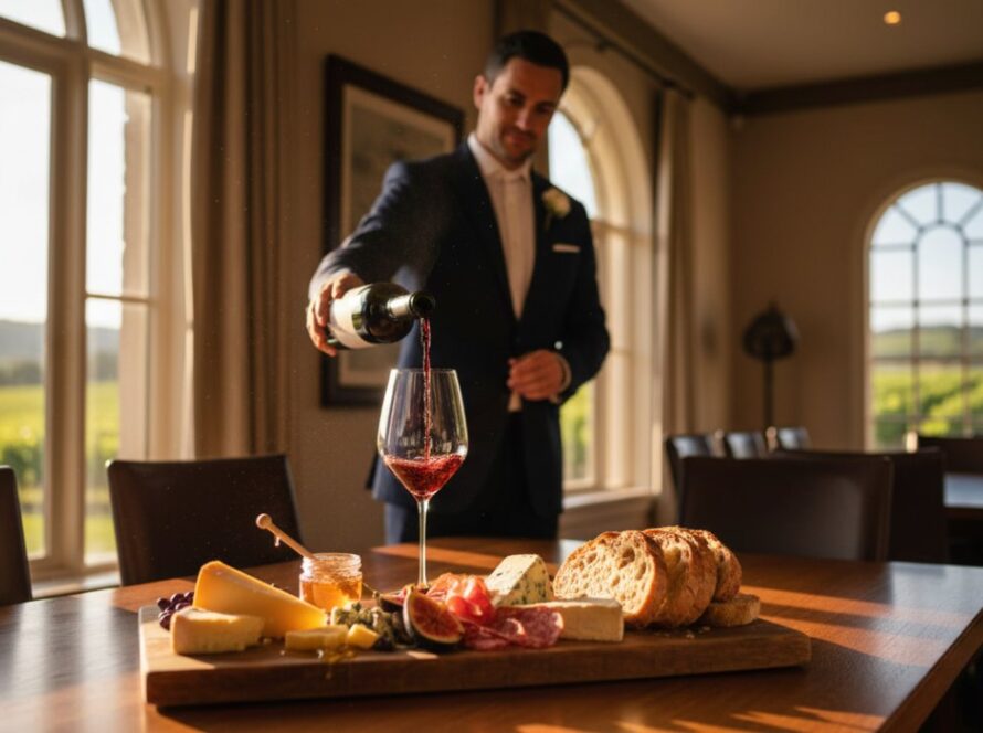 A master sommelier, bathed in golden hour light filtering through tall vineyard windows at a Yering Valley winery, expertly pours a deep ruby red wine into a crystal glass. In the foreground, a beautifully composed platter of artisanal cheeses and locally sourced charcuterie, perfectly lit, awaits, epitomising professional Yering Valley food photography for wineries with an epicurean flourish.