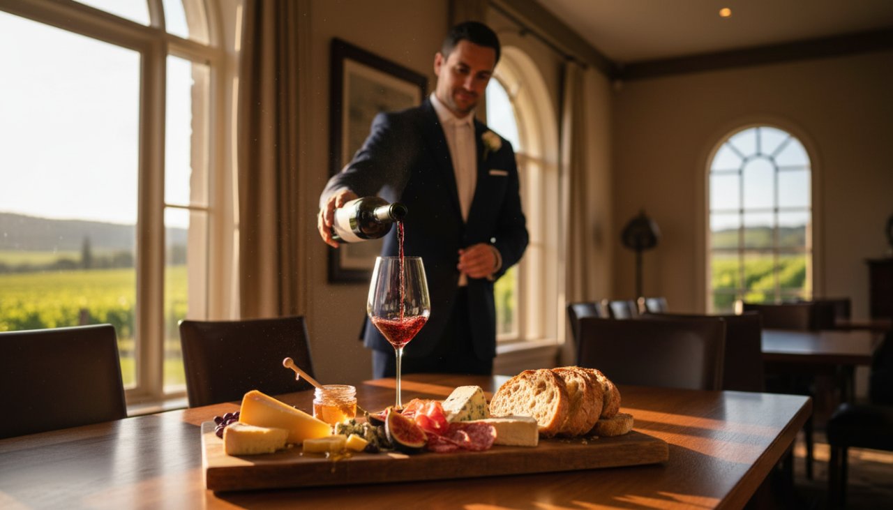 A master sommelier, bathed in golden hour light filtering through tall vineyard windows at a Yering Valley winery, expertly pours a deep ruby red wine into a crystal glass. In the foreground, a beautifully composed platter of artisanal cheeses and locally sourced charcuterie, perfectly lit, awaits, epitomising professional Yering Valley food photography for wineries with an epicurean flourish.