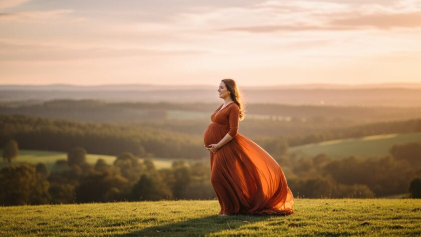 A glowing expectant mother in an ethereal flowing gown, silhouetted against a golden sunset over the rolling hills of Woori Yallock, capturing radiant Woori Yallock maternity photography Yarra Valley.