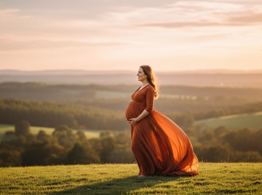 A glowing expectant mother in an ethereal flowing gown, silhouetted against a golden sunset over the rolling hills of Woori Yallock, capturing radiant Woori Yallock maternity photography Yarra Valley.