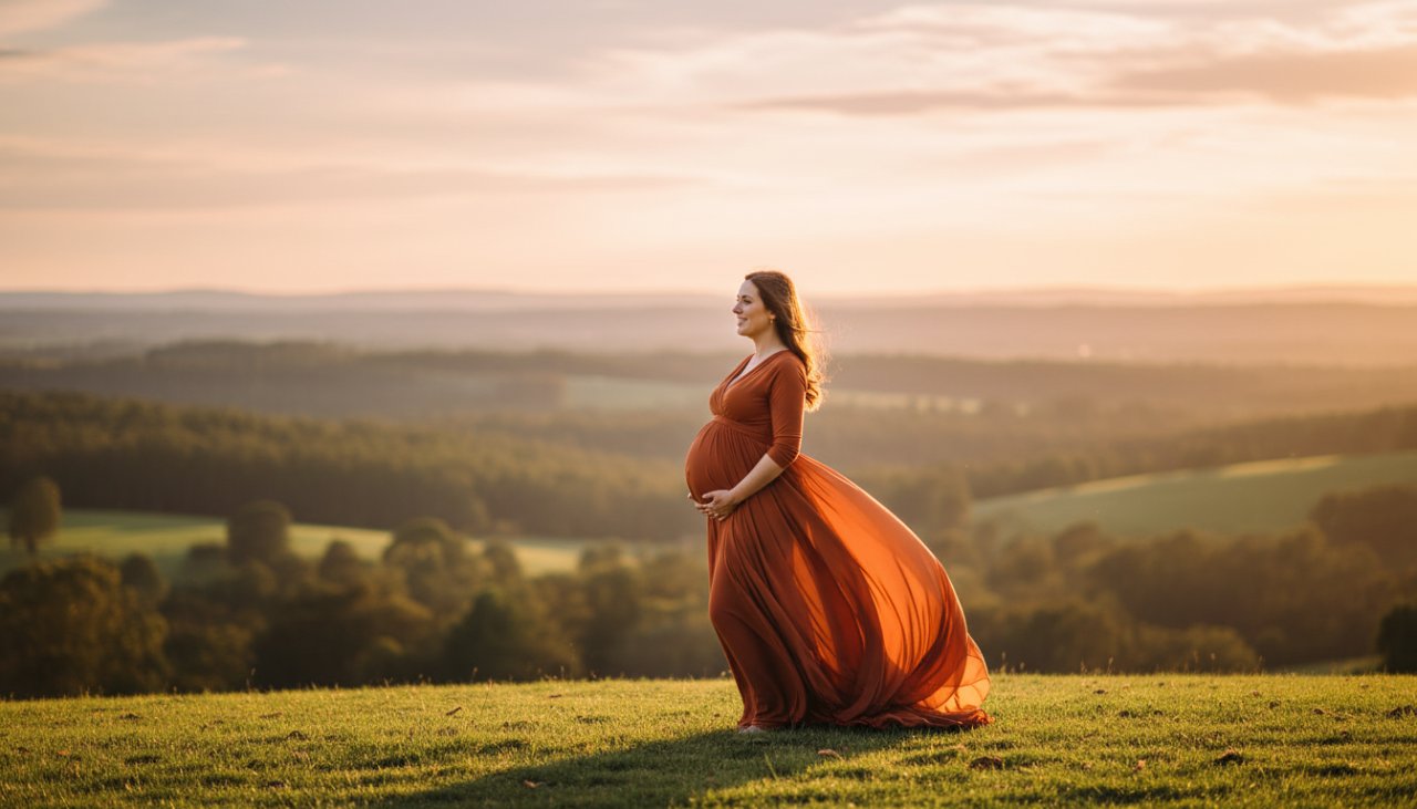 A glowing expectant mother in an ethereal flowing gown, silhouetted against a golden sunset over the rolling hills of Woori Yallock, capturing radiant Woori Yallock maternity photography Yarra Valley.