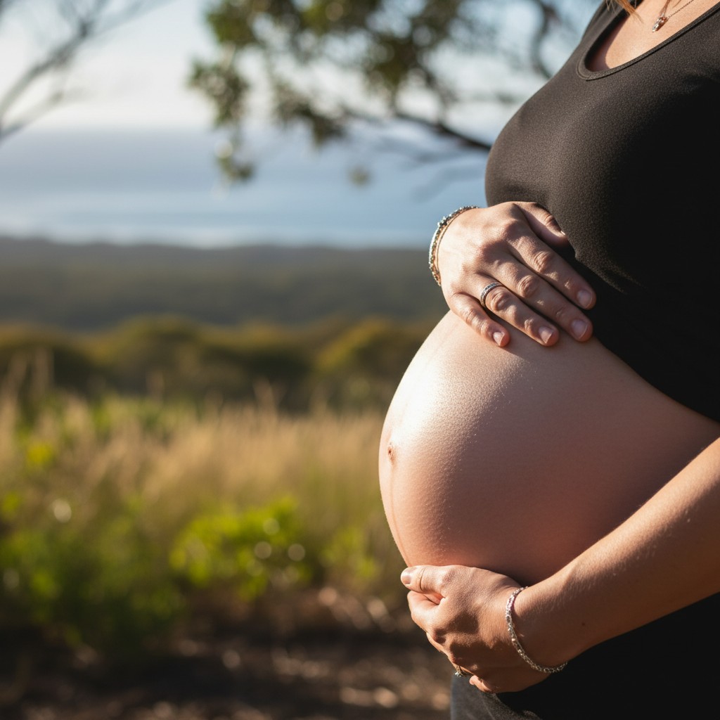 A close-up, artistic photograph of a pregnant woman's hands tenderly cupping her baby bump, illuminated by soft natural light. The background is a gently blurred, serene Australian bushland scene or a tranquil coastal landscape, emphasizing intimacy and the natural setting.
