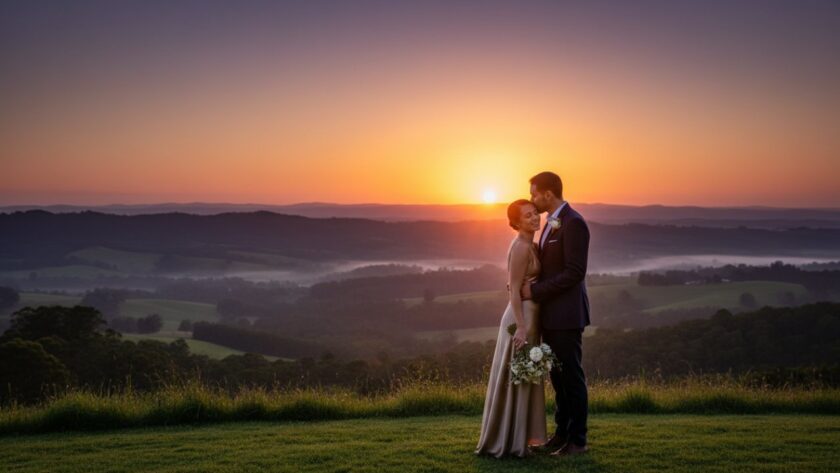 A couple sharing a tender kiss at sunset, silhouetted against the rolling hills of Avonsleigh, capturing the essence of romantic Avonsleigh engagement photography Victoria, with warm golden light.
