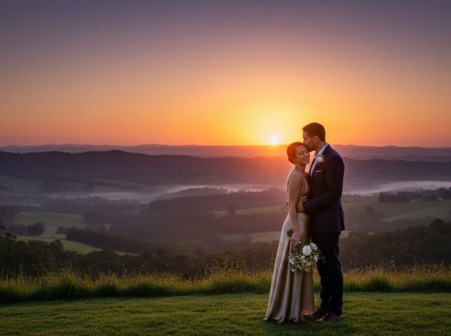 A couple sharing a tender kiss at sunset, silhouetted against the rolling hills of Avonsleigh, capturing the essence of romantic Avonsleigh engagement photography Victoria, with warm golden light.