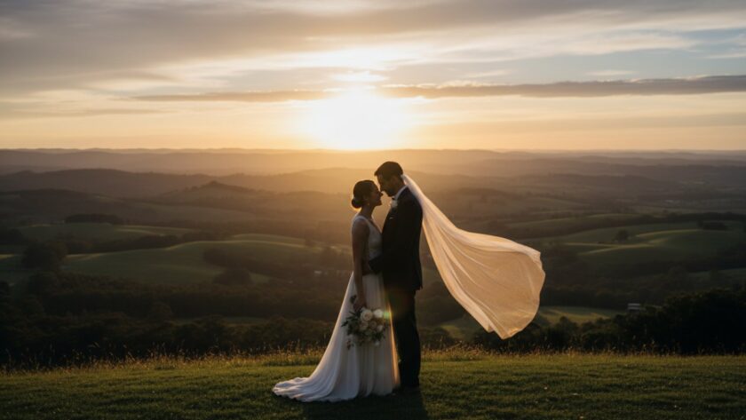A couple embraces tenderly at sunset amidst the rolling hills of Avonsleigh, Victoria, during their romantic Avonsleigh pre-wedding photoshoot, bathed in golden light.