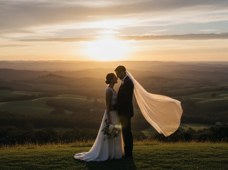 A couple embraces tenderly at sunset amidst the rolling hills of Avonsleigh, Victoria, during their romantic Avonsleigh pre-wedding photoshoot, bathed in golden light.