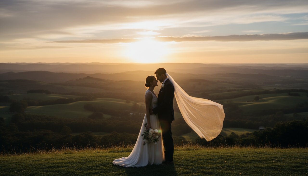 A couple embraces tenderly at sunset amidst the rolling hills of Avonsleigh, Victoria, during their romantic Avonsleigh pre-wedding photoshoot, bathed in golden light.