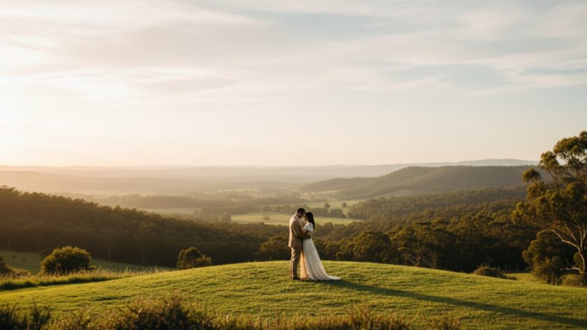 An engaged couple sharing a tender moment at sunset, embraced in a golden glow, with the lush, rolling hills of Badger Creek, Victoria, Australia, in the background. The focal point is their loving connection, captured in an epic, cinematic style as part of their romantic Badger Creek engagement photography experience.
