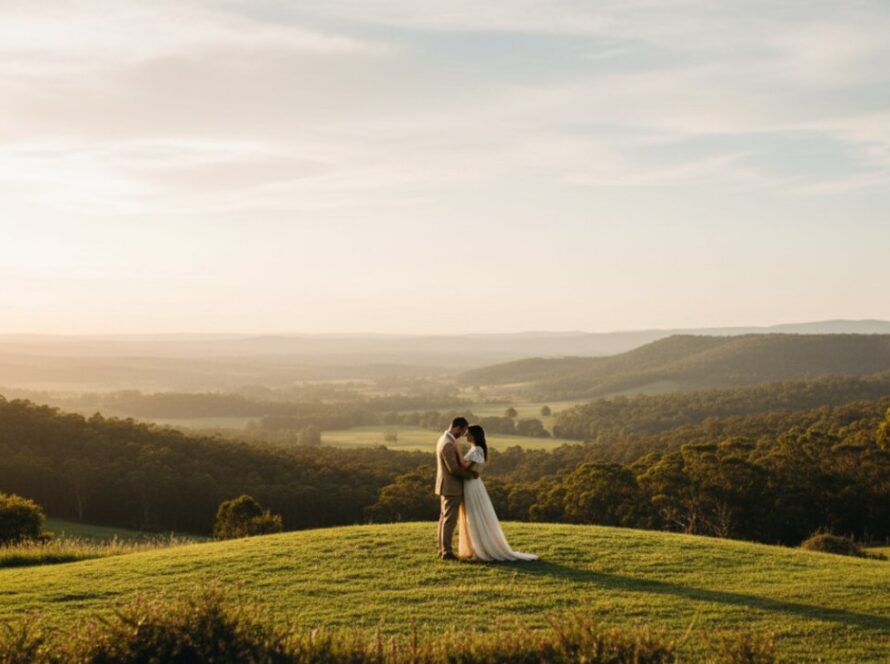 An engaged couple sharing a tender moment at sunset, embraced in a golden glow, with the lush, rolling hills of Badger Creek, Victoria, Australia, in the background. The focal point is their loving connection, captured in an epic, cinematic style as part of their romantic Badger Creek engagement photography experience.