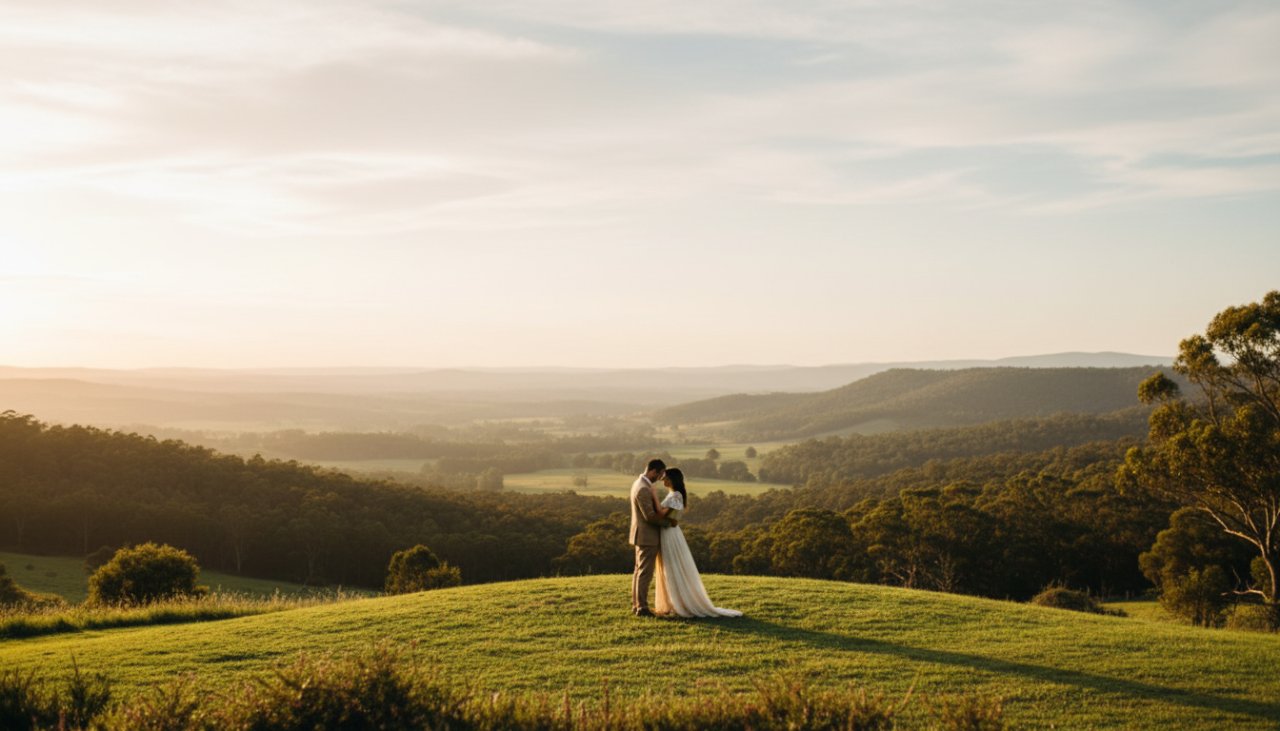 An engaged couple sharing a tender moment at sunset, embraced in a golden glow, with the lush, rolling hills of Badger Creek, Victoria, Australia, in the background. The focal point is their loving connection, captured in an epic, cinematic style as part of their romantic Badger Creek engagement photography experience.