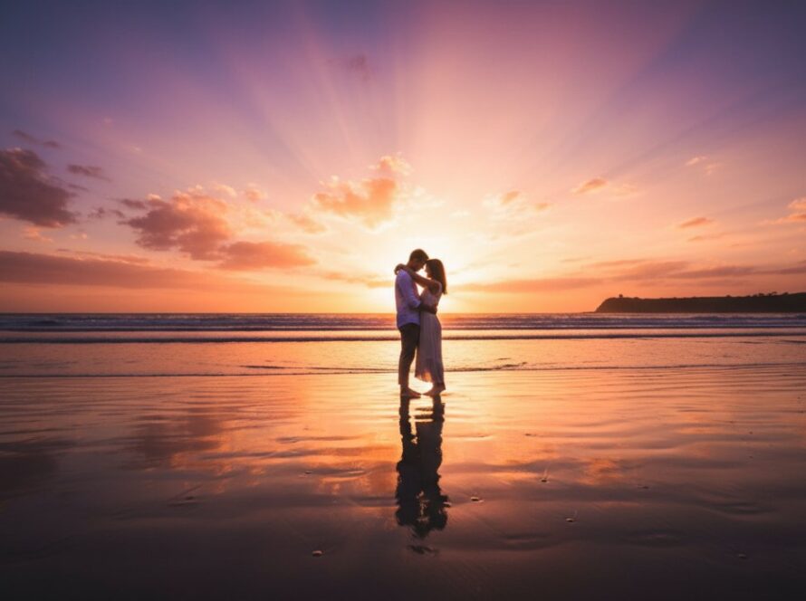 An epic moment in Romantic Balnarring engagement photography sunset beach, showing a couple embracing passionately on the Balnarring Beach shoreline at golden hour, with dramatic sun rays piercing through the clouds and waves gently lapping at their feet, captured with professional color grading.