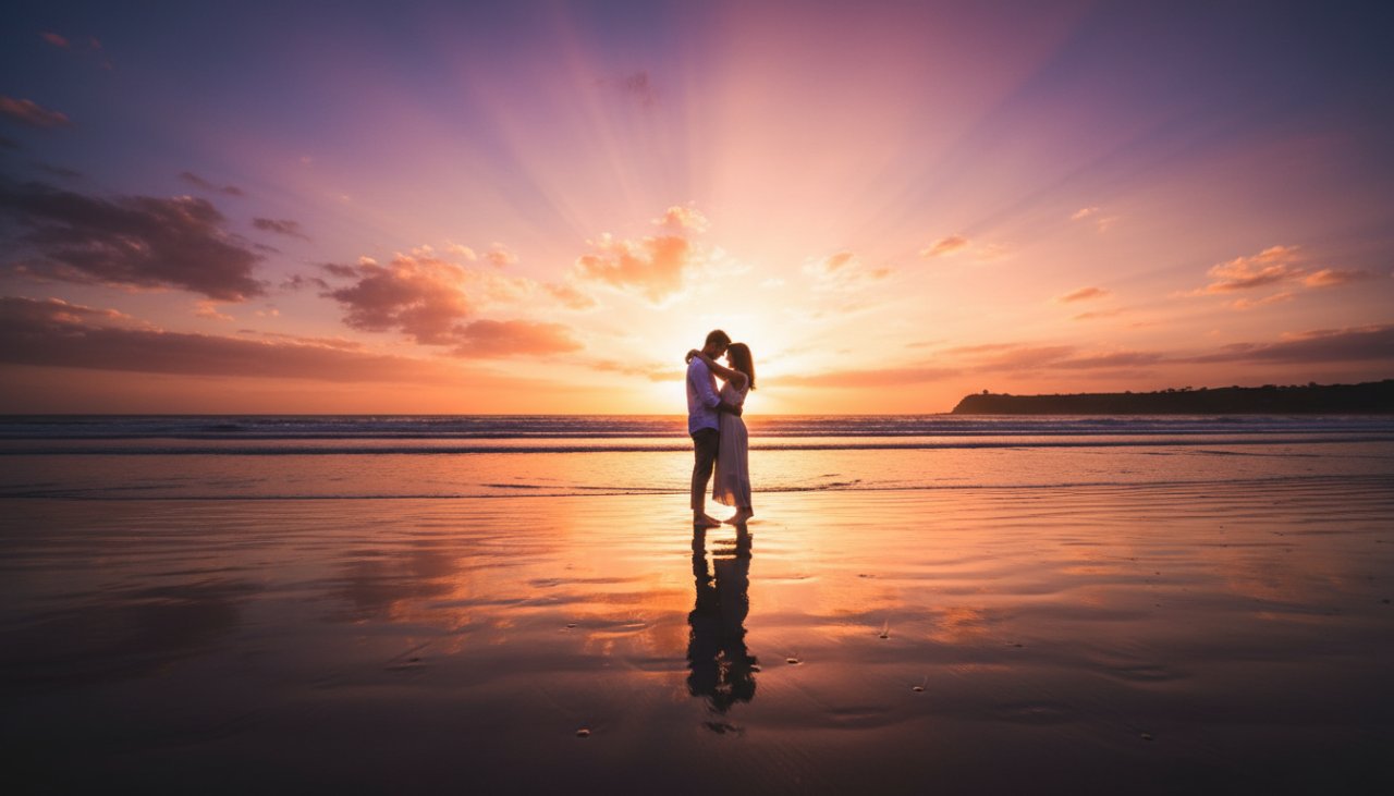 An epic moment in Romantic Balnarring engagement photography sunset beach, showing a couple embracing passionately on the Balnarring Beach shoreline at golden hour, with dramatic sun rays piercing through the clouds and waves gently lapping at their feet, captured with professional color grading.