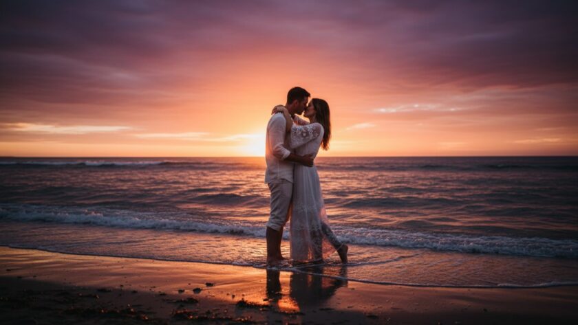 A couple embraces passionately on Balnarring Beach at sunset, waves gently lapping, capturing the essence of romantic Balnarring pre-wedding beach photography. Dramatic golden hour light illuminates their silhouettes against the vibrant sky and ocean, a truly epic moment.