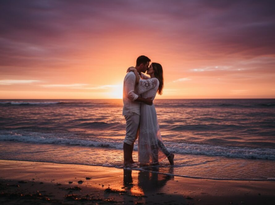 A couple embraces passionately on Balnarring Beach at sunset, waves gently lapping, capturing the essence of romantic Balnarring pre-wedding beach photography. Dramatic golden hour light illuminates their silhouettes against the vibrant sky and ocean, a truly epic moment.