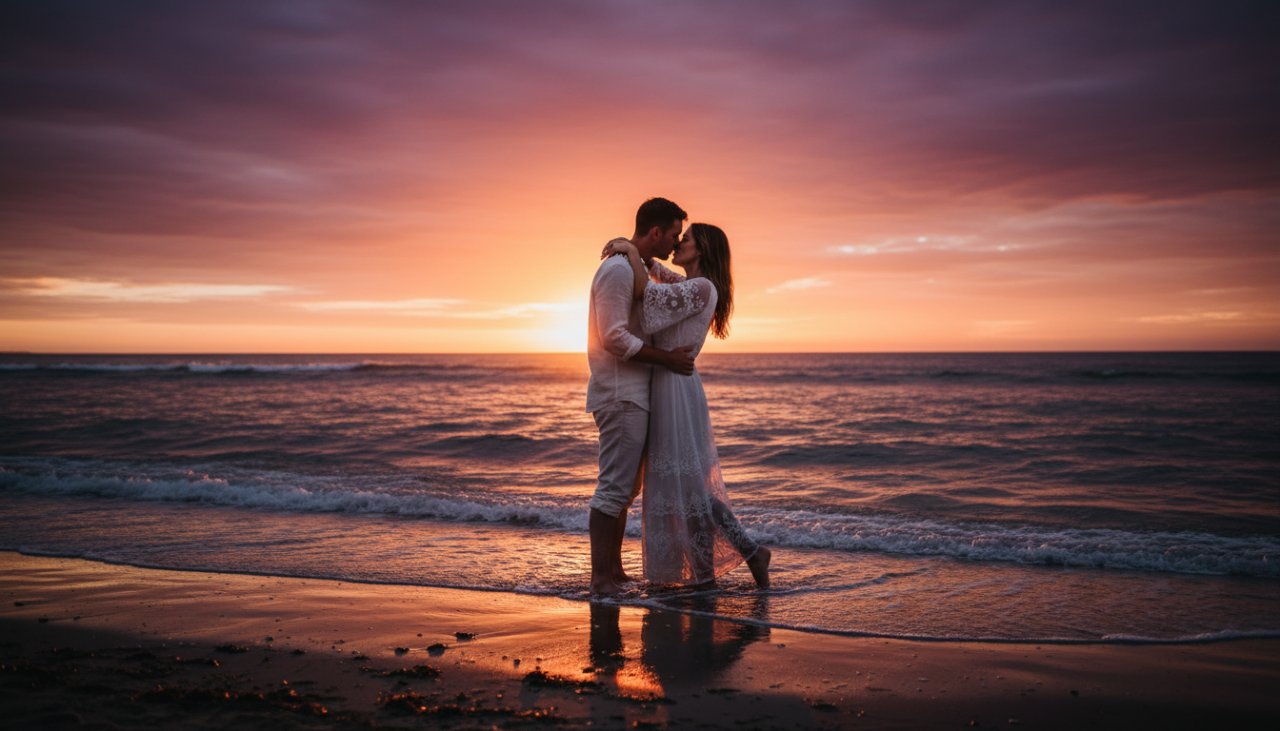 A couple embraces passionately on Balnarring Beach at sunset, waves gently lapping, capturing the essence of romantic Balnarring pre-wedding beach photography. Dramatic golden hour light illuminates their silhouettes against the vibrant sky and ocean, a truly epic moment.
