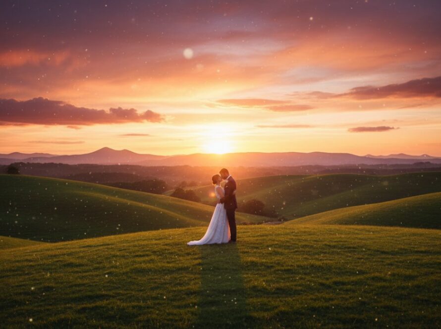 An aerial view of a couple embracing amidst the rolling hills of Belgrave Heights during a romantic Belgrave Heights pre-wedding photoshoot at sunset, capturing an epic, cinematic moment.