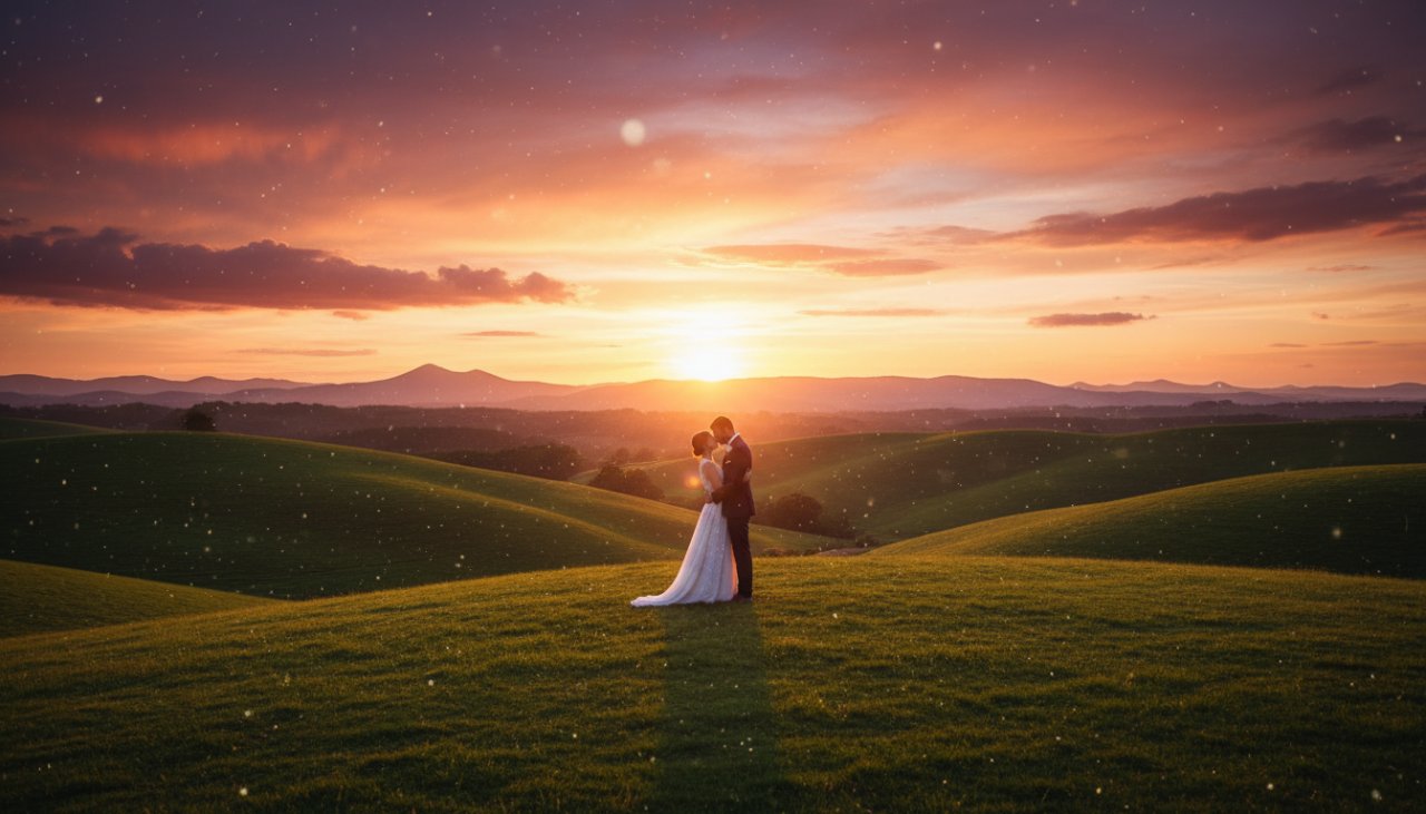 An aerial view of a couple embracing amidst the rolling hills of Belgrave Heights during a romantic Belgrave Heights pre-wedding photoshoot at sunset, capturing an epic, cinematic moment.