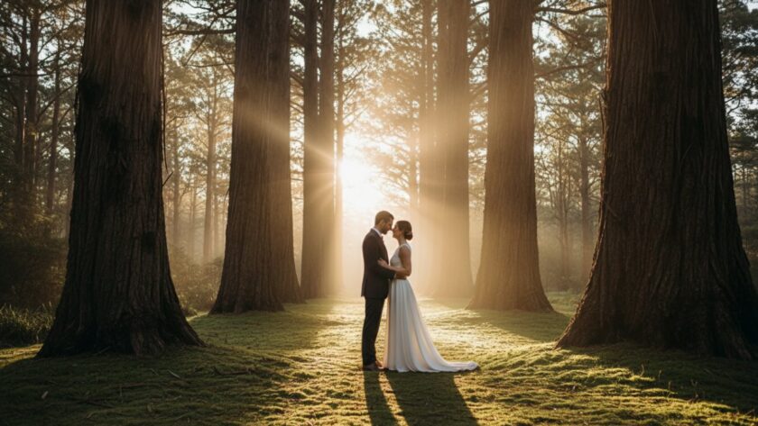 A couple shares a tender, passionate kiss under the soft, golden light filtering through ancient eucalyptus trees in the Dandenongs, showcasing their romantic Belgrave pre-wedding photoshoot Dandenongs experience.