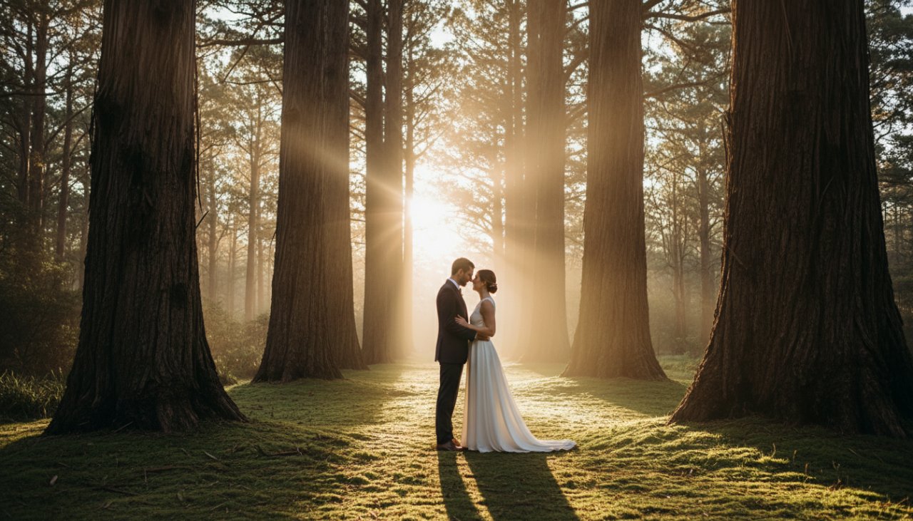 A couple shares a tender, passionate kiss under the soft, golden light filtering through ancient eucalyptus trees in the Dandenongs, showcasing their romantic Belgrave pre-wedding photoshoot Dandenongs experience.