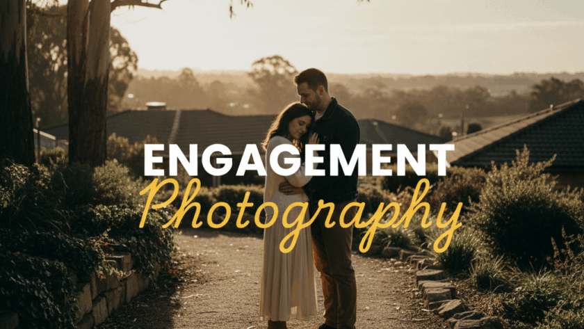 Romantic Chirnside Park engagement photography: A couple embraces in moody golden hour light amidst urban elements, street photography style.