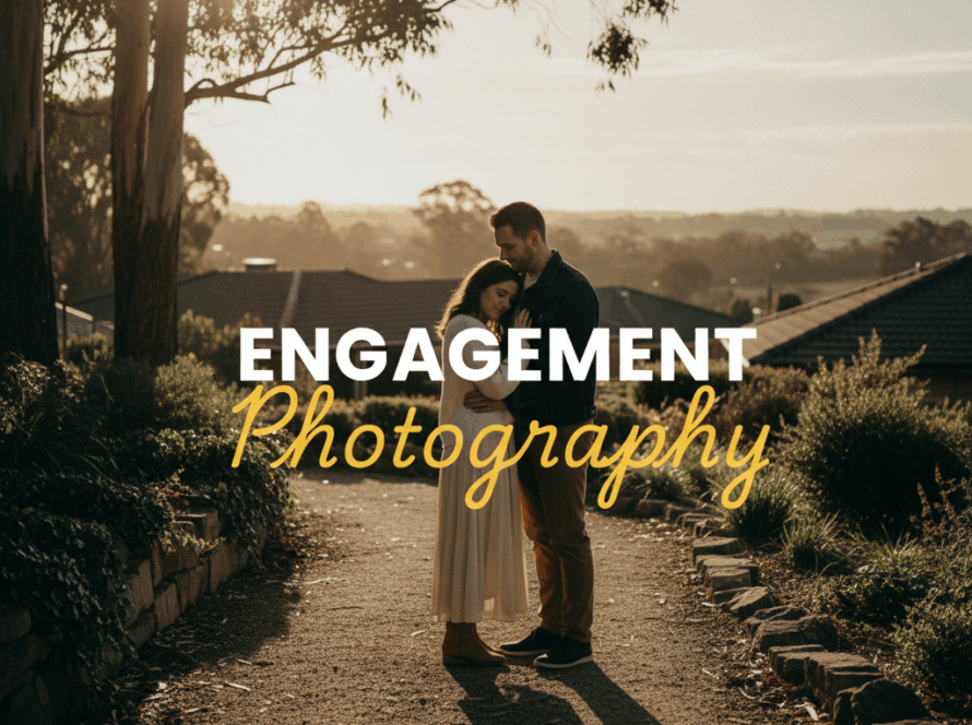 Romantic Chirnside Park engagement photography: A couple embraces in moody golden hour light amidst urban elements, street photography style.