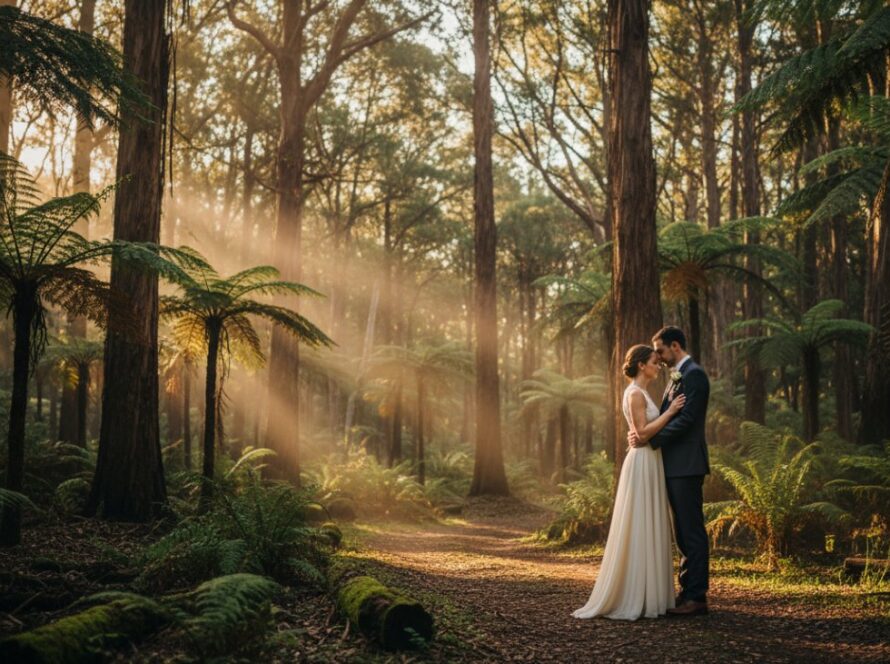 A stunning couple embraces amidst ancient trees in a sun-dappled forest, capturing their romantic Clematis pre-wedding photography forest moment, featuring dramatic lighting and natural beauty.