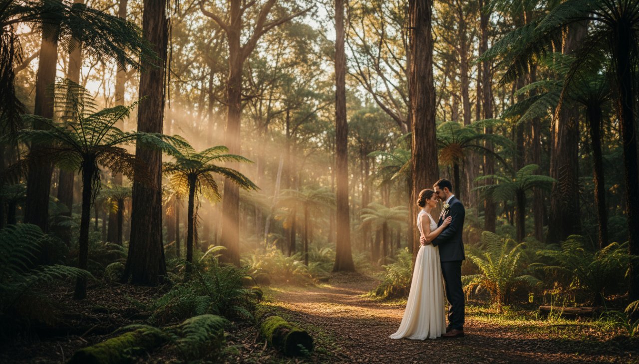 A stunning couple embraces amidst ancient trees in a sun-dappled forest, capturing their romantic Clematis pre-wedding photography forest moment, featuring dramatic lighting and natural beauty.