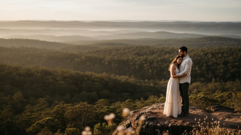 A breathtaking aerial view showcasing a couple in a loving embrace on a scenic overlook in Cockatoo, Victoria, with lush Dandenong Ranges forests and a soft sunset glow in the background, perfectly capturing a romantic Cockatoo engagement photography Victoria moment.