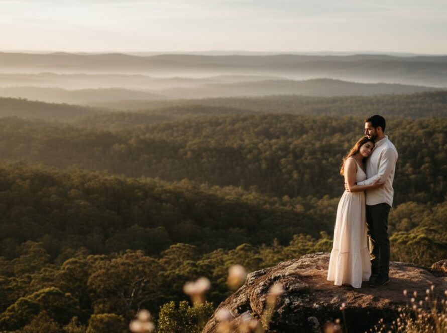 A breathtaking aerial view showcasing a couple in a loving embrace on a scenic overlook in Cockatoo, Victoria, with lush Dandenong Ranges forests and a soft sunset glow in the background, perfectly capturing a romantic Cockatoo engagement photography Victoria moment.