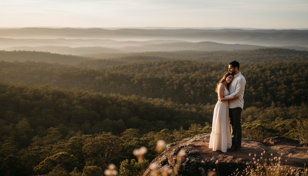 A breathtaking aerial view showcasing a couple in a loving embrace on a scenic overlook in Cockatoo, Victoria, with lush Dandenong Ranges forests and a soft sunset glow in the background, perfectly capturing a romantic Cockatoo engagement photography Victoria moment.