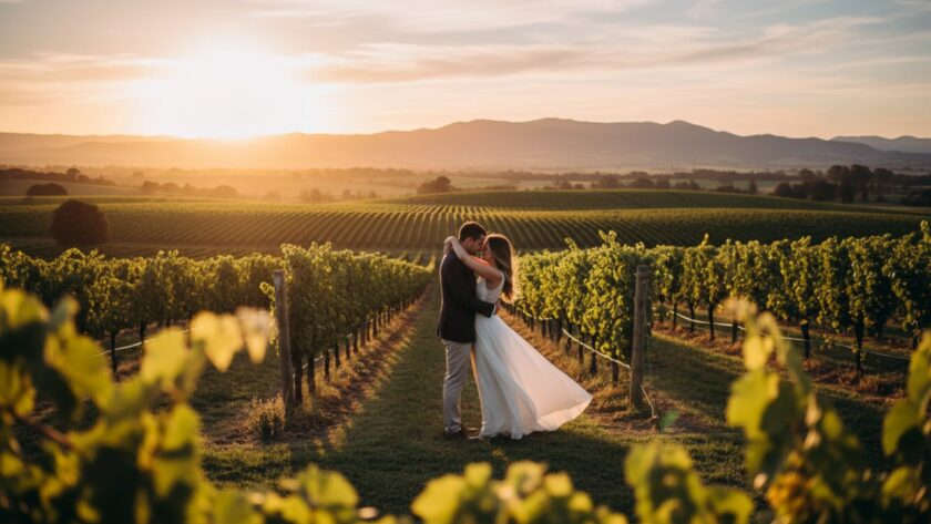 An epic moment from a Romantic Coldstream Engagement Photography Yarra Valley Wineries session, showing a couple embracing passionately at sunset amidst rolling vineyards, bathed in warm golden light, with the distant Dandenong Ranges silhouetted.