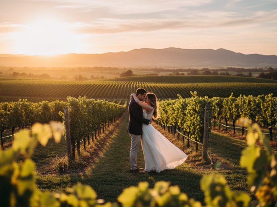 An epic moment from a Romantic Coldstream Engagement Photography Yarra Valley Wineries session, showing a couple embracing passionately at sunset amidst rolling vineyards, bathed in warm golden light, with the distant Dandenong Ranges silhouetted.