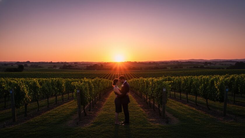 A couple embraces passionately amidst the golden hour glow in the rolling vineyards of Dixons Creek, capturing a truly romantic Dixons Creek engagement photography moment with dramatic light.